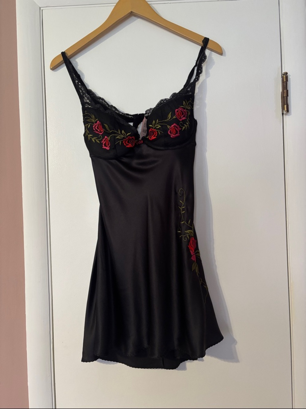 NEW Vintage Victoria's Secret Black Silk Chemise Rose Slip Mini Dress Y2K Sexy - Picture 9 of 17